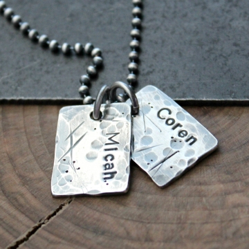 Personalized Mens Fine Silver Necklace Trashed Dog Tags Name Necklace  Rustic Hand Stamped Men's Gift