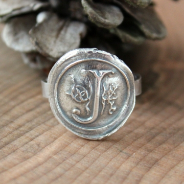 Silver Wax Seal Monogram Ring, Hand Pressed Raw and Rustic Recycled Pure Silver
