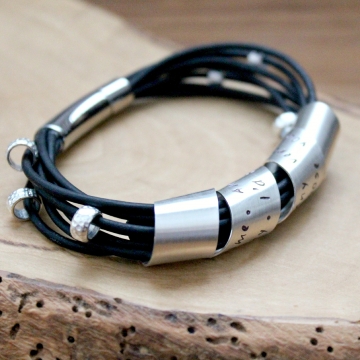 Personalized Silver and Leather Bracelet With Custom Wide Spinning Secret Message, Unisex Cuff Bracelet - Kim Bracelet