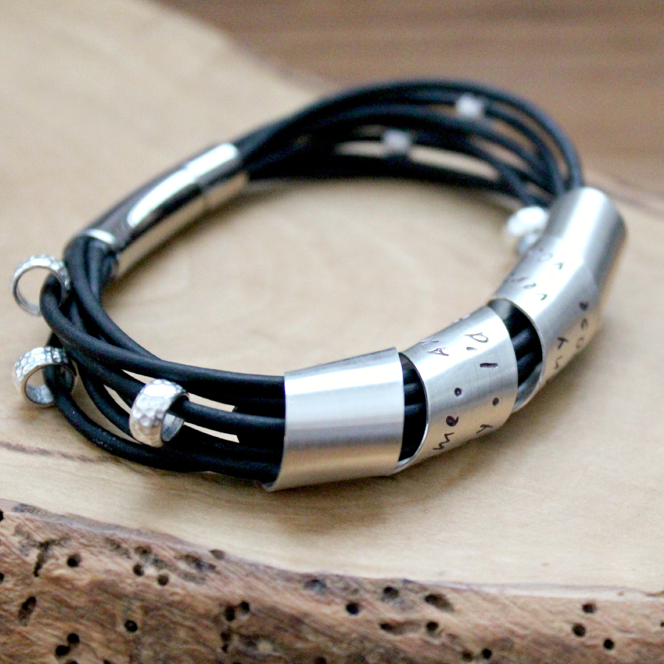 Personalized Wide Secret Spinning Message Bracelet Sterling Leather 2 Sisters Handcrafted